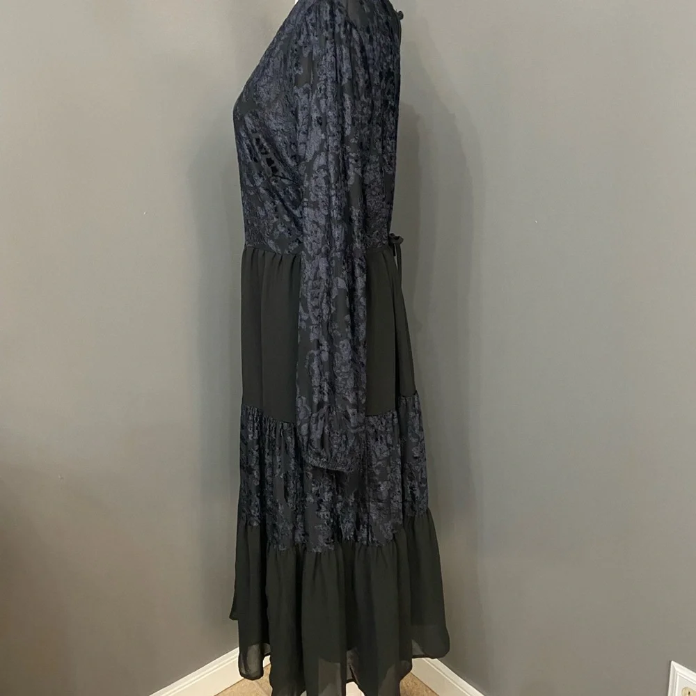 Velvet Burn Out Black/Blue Chiffon Tiered Midi Dress W/Slip Sheer Oversized L - Picture 3 of 17